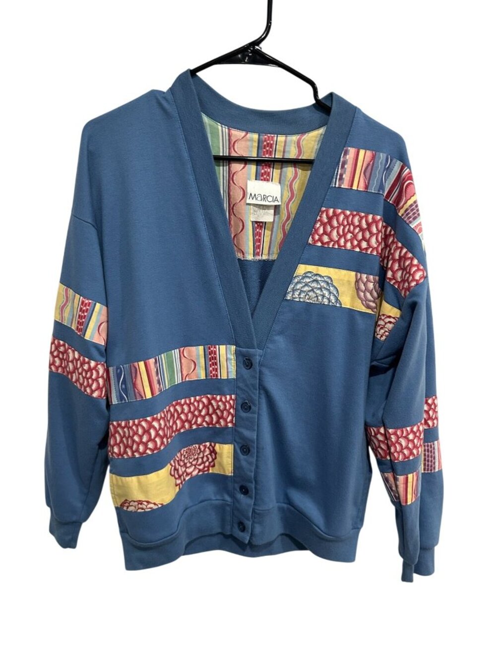 Vintage Marcia Medium Blue Patchwork Striped Cardigan Boho Grannycore Cottage